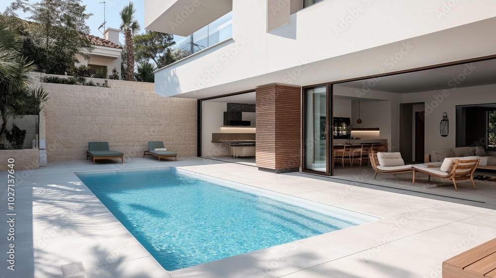 Modern luxury house exterior with swimming pool, sun loungers, open-plan living area, and outdoor seating, surrounded by trees and stone walls.