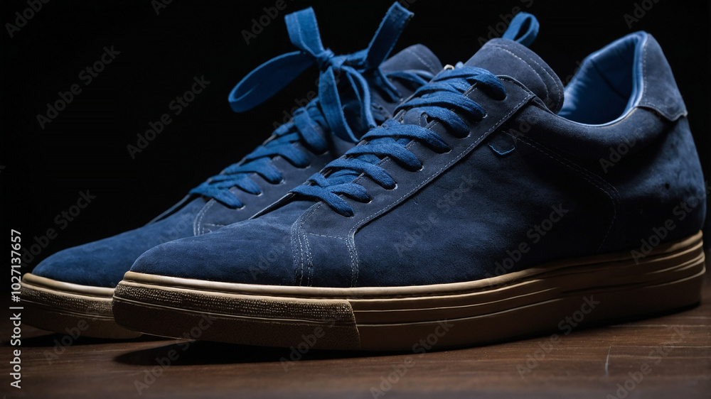 Blue suede sneakers on display with textured sole and detailed stitching in low light setting. Blue suede sneakers on display with textured sole and detailed stitching in low light setting.