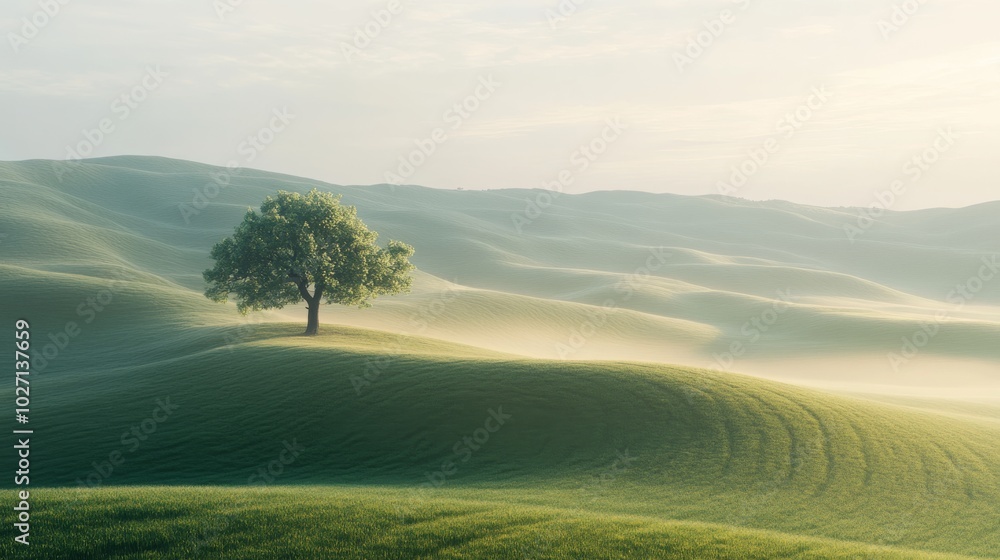 Obraz premium Solitary Tree on a Hilltop in a Foggy Landscape