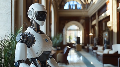 Robotic sentinel in a historic bank environment, illustrating a mix of old charm and new tech.