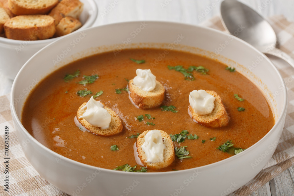 Thick rich fish soup Soupe de Poisson served with croutons and aioli sauce close-up in a bowl on a wooden table. Horizontal Thick rich fish soup Soupe de Poisson served with croutons and aioli sauce close-up in a bowl on a wooden table. Horizontal