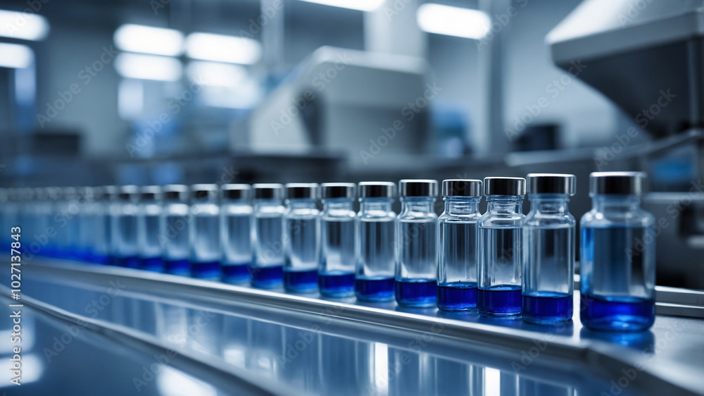 Row of blue liquid-filled vials on a production line in a modern laboratory setting. Row of blue liquid-filled vials on a production line in a modern laboratory setting.
