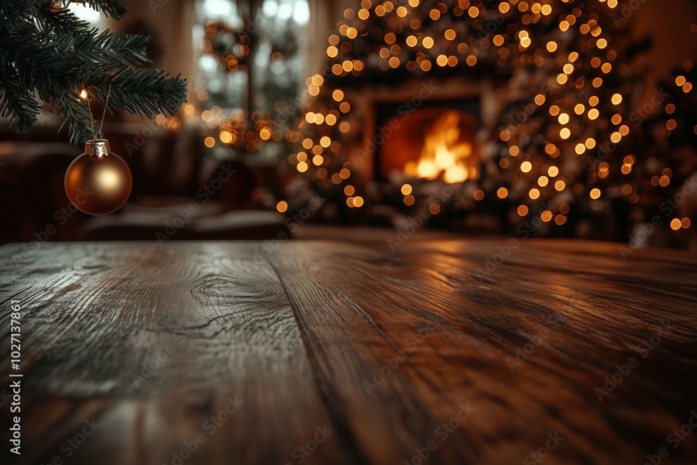 Empty wooden table on Christmas ornaments background with fireplace. for a product display montage, with copy space Empty wooden table on Christmas ornaments background with fireplace. for a product display montage, with copy space