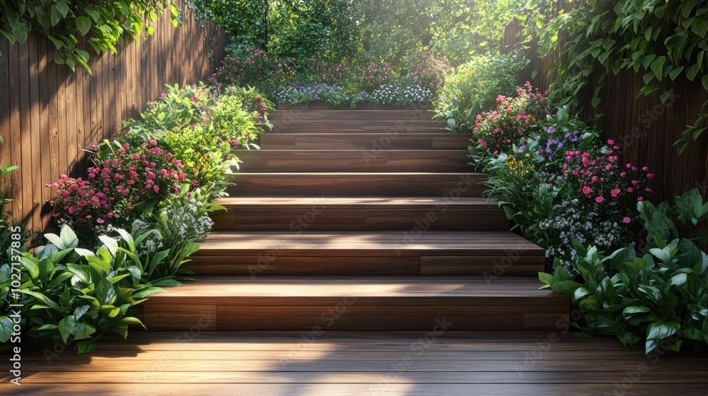 Wooden steps leading to a lush green garden with sunlight shining through the foliage. Wooden steps leading to a lush green garden with sunlight shining through the foliage.