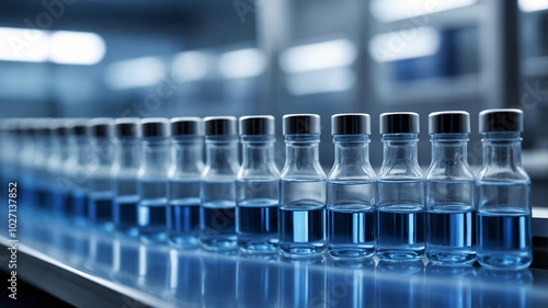 Row of blue liquid-filled vials on a production line in a modern laboratory setting. photo