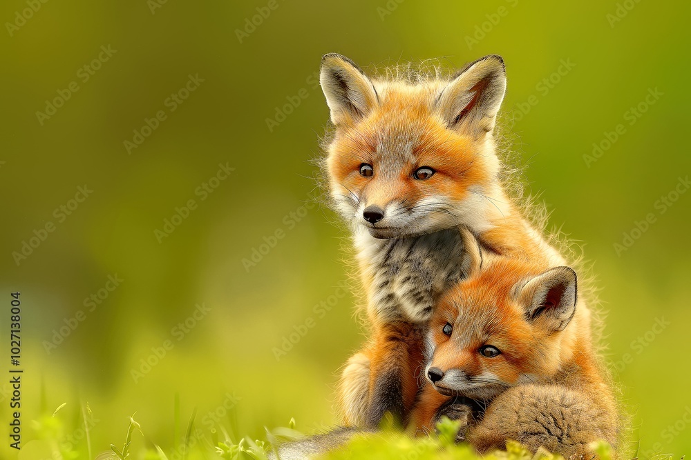 Two foxes posed on lush meadow Two foxes posed on lush meadow