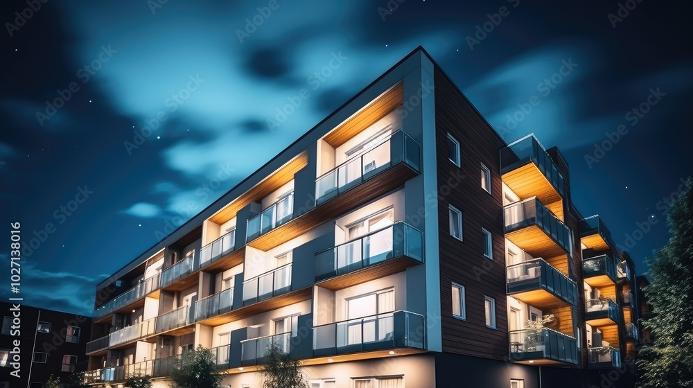 Contemporary Apartment Complex Under Starry Night Sky Contemporary Apartment Complex Under Starry Night Sky