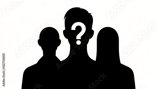Silhouettes of three people with a central figure marked by a question mark, symbolizing anonymity and the unknown