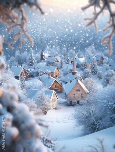 Village enneigé au crépuscule entouré de sapins sous la neige