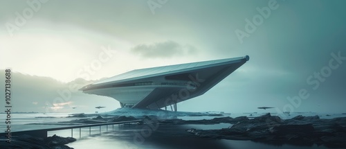 Futuristic Ocean Terminal with Hovering Vehicles Skyline