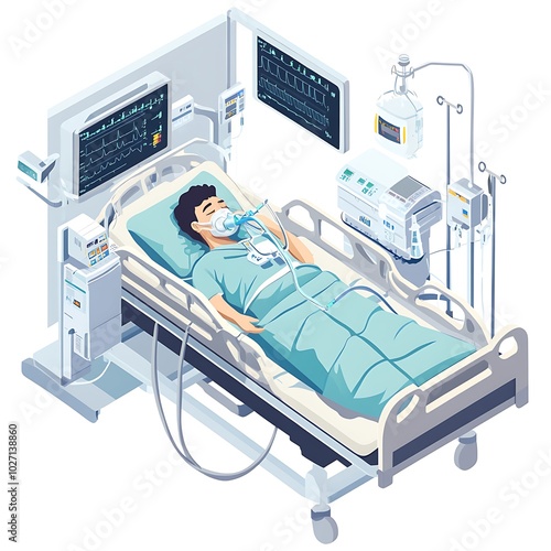 Comprehensive medical setup in ICU with a patient receiving lung ventilation illustrated.