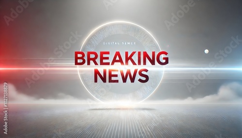 A sleek and modern 'Breaking News' alert graphic, featuring bold red text against a dynamic, futuristic background with subtle lighting effects