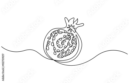 Pomegranate in Continuous single one line drawing. One line drawing of fruit. Happy Shana Tova Fruit contour with editable stroke. Continuous linear drawing of pomegranate. One line drawing garnet