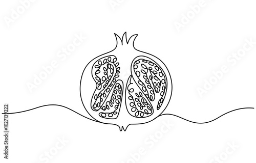 Pomegranate in Continuous single one line drawing. One line drawing of fruit. Happy Shana Tova Fruit contour with editable stroke. Continuous linear drawing of pomegranate. One line drawing garnet