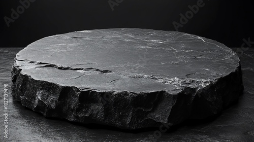 Black stone podium on dark background for product presentation.