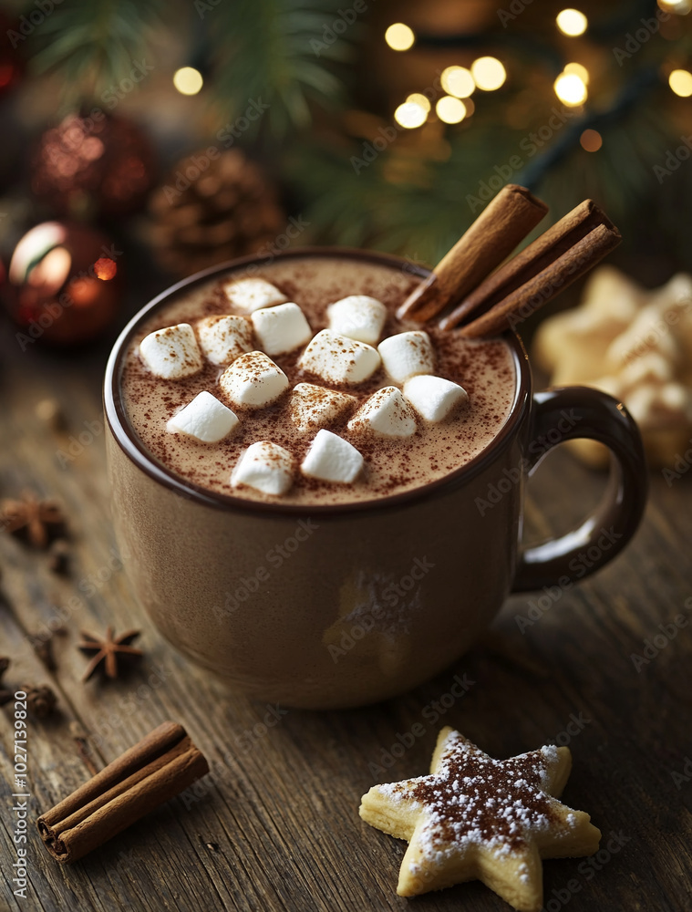 A mug of hot chocolate in beige tones with marshmallows and cinnamon sticks stands on an old wooden table surrounded by Christmas decorations. Atmospheric photo for a mobile phone screensaver A mug of hot chocolate in beige tones with marshmallows and cinnamon sticks stands on an old wooden table surrounded by Christmas decorations. Atmospheric photo for a mobile phone screensaver