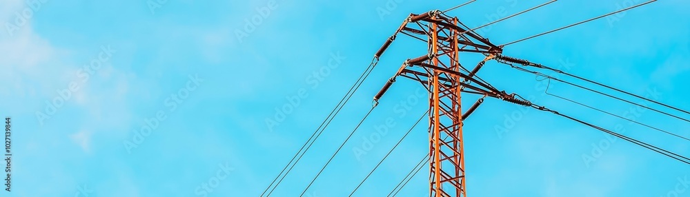 Electric power pole with tangled cables, blue sky backdrop, energy infrastructure and distribution, clean sky, electric technology concept Electric power pole with tangled cables, blue sky backdrop, energy infrastructure and distribution, clean sky, electric technology concept