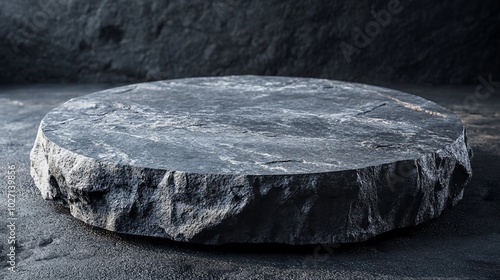 Rough stone podium on a dark background.