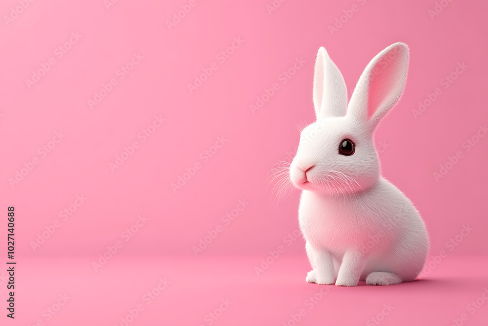 A cute, fluffy white rabbit sitting against a pink background. A cute, fluffy white rabbit sitting against a pink background.