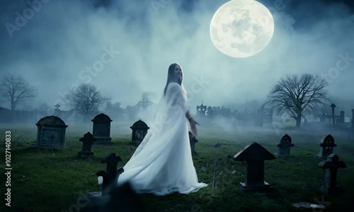 Ethereal ghost in a flowing white dress hovers above old gravestones in a deserted, moonlit graveyard. The scene is eerie and atmospheric, with mist and dim lighting enhancing the spooky

