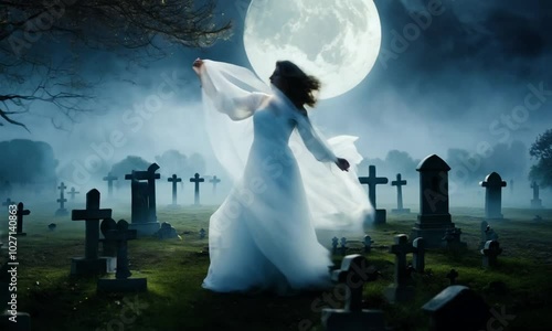 Ethereal ghost in a flowing white dress hovers above old gravestones in a deserted, moonlit graveyard. The scene is eerie and atmospheric, with mist and dim lighting enhancing the spooky

