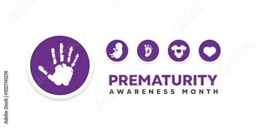 November is Prematurity Awareness Month. Hand, baby, baby feet, baby clothes and heart. Great for cards, banners, posters, social media and more. White background. 