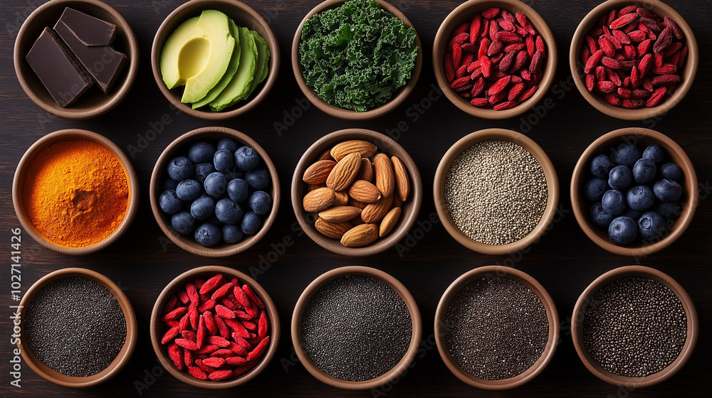 ultra-high resolution image featuring an assortment of vibrant superfoods arranged neatly on a rustic wooden surface. ultra-high resolution image featuring an assortment of vibrant superfoods arranged neatly on a rustic wooden surface.