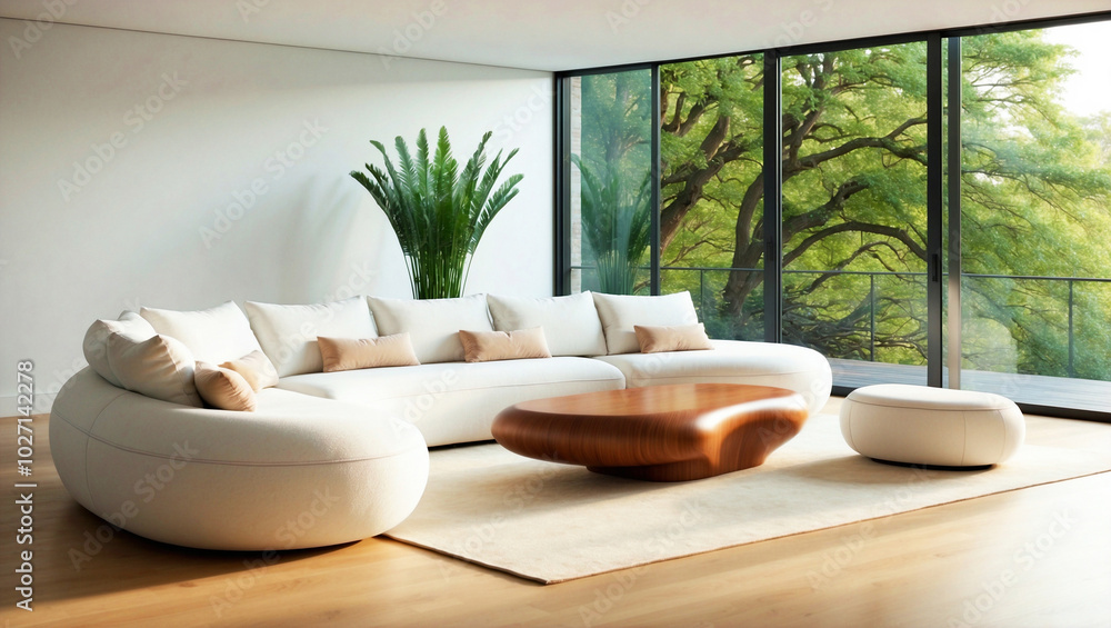 Luxurious Interior Design with Sculptural Furniture, Natural Wood Accents, and Large Glass Walls Overlooking Nature Luxurious Interior Design with Sculptural Furniture, Natural Wood Accents, and Large Glass Walls Overlooking Nature