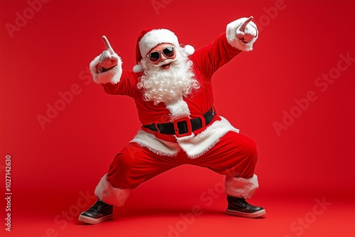 Wallpaper Mural Full length photo of handsome old dabber fat funny santa claus in eyeglasses dance with his hand raised in a funny pose, isolated over red background Torontodigital.ca