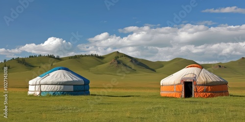 Traditional Mongolian Yurts on Vast Green Steppe