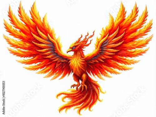 8bit Pixel Fire Phoenix on White Background - Vibrant Retro Art for Gaming and Design