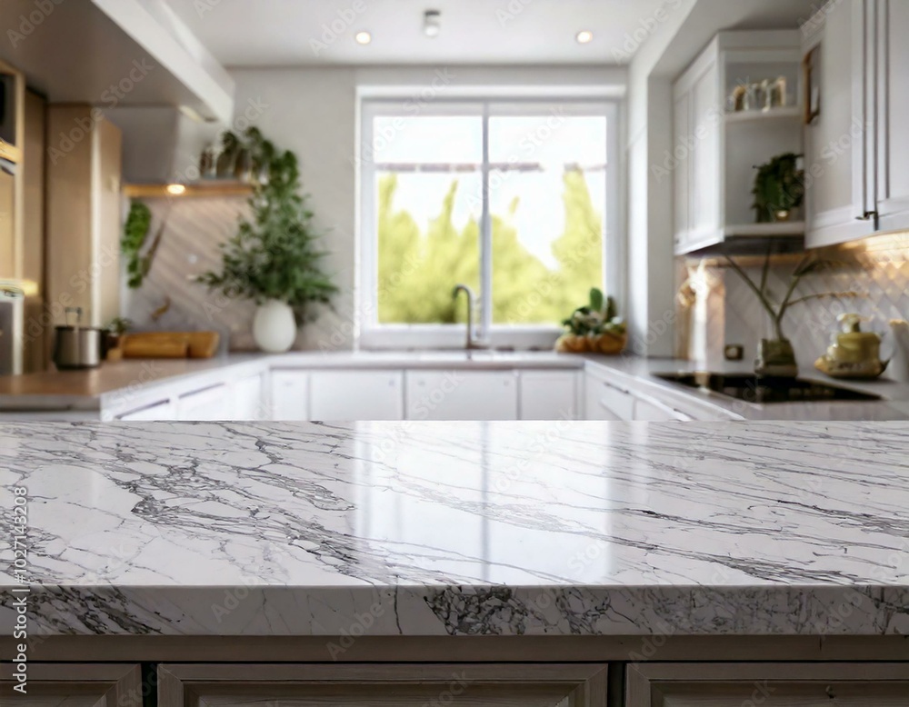 Fototapeta premium marble island kitchen bathed in natural light from a large window.
