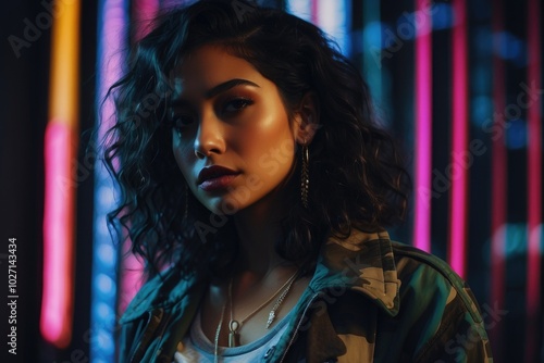 Fashionable young girl over a neon light on the night street