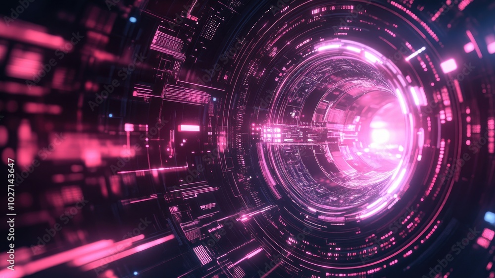 Fototapeta premium Vibrant digital tunnel displaying neon lights and data patterns in a futuristic setting