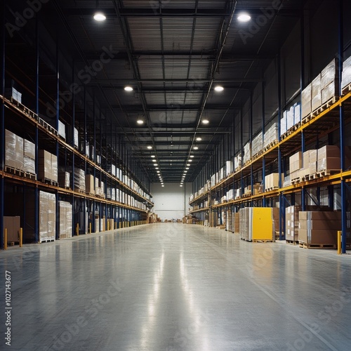 A spacious warehouse interior featuring neatly organized shelves with stacked boxes and ample lighting.