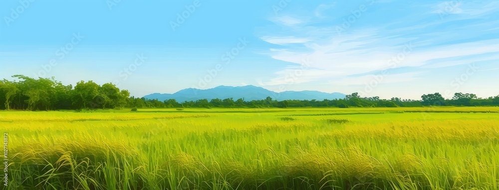 Fototapeta premium Tranquil Rice Paddy Landscape with Clear Skies
