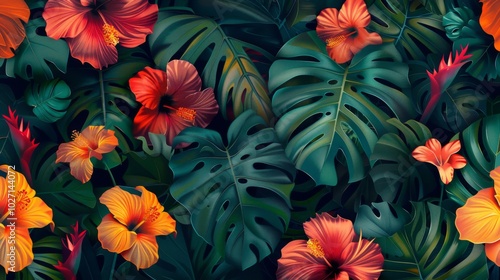 seamless pattern with hand-drawn compositions of tropical flowers