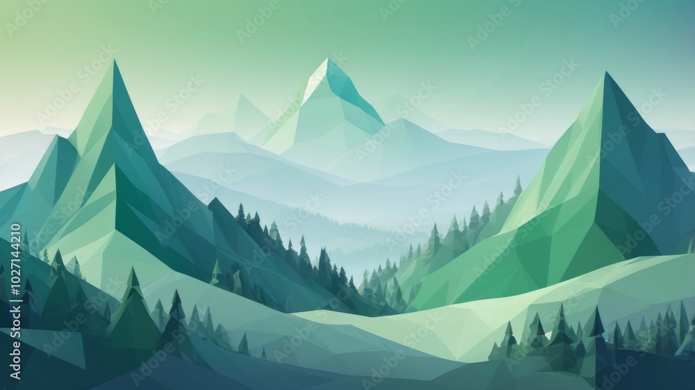 Fototapeta premium Low Poly Mountain and Tree Scene Against a Green Geometric Background