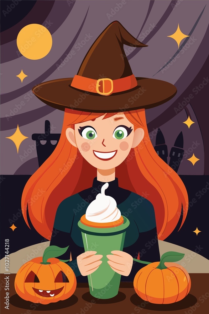 Cheerful witch holding a Halloween frappe with pumpkins in a spooky setting
Cheerful witch holding a Halloween frappe with pumpkins in a spooky setting
