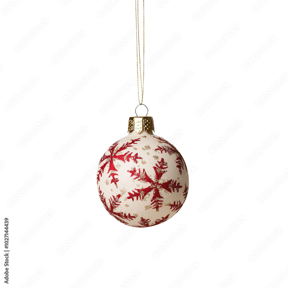 A elegant white Christmas ball with red print of show, hanging on a chain, isolated on white background. A elegant white Christmas ball with red print of show, hanging on a chain, isolated on white background.