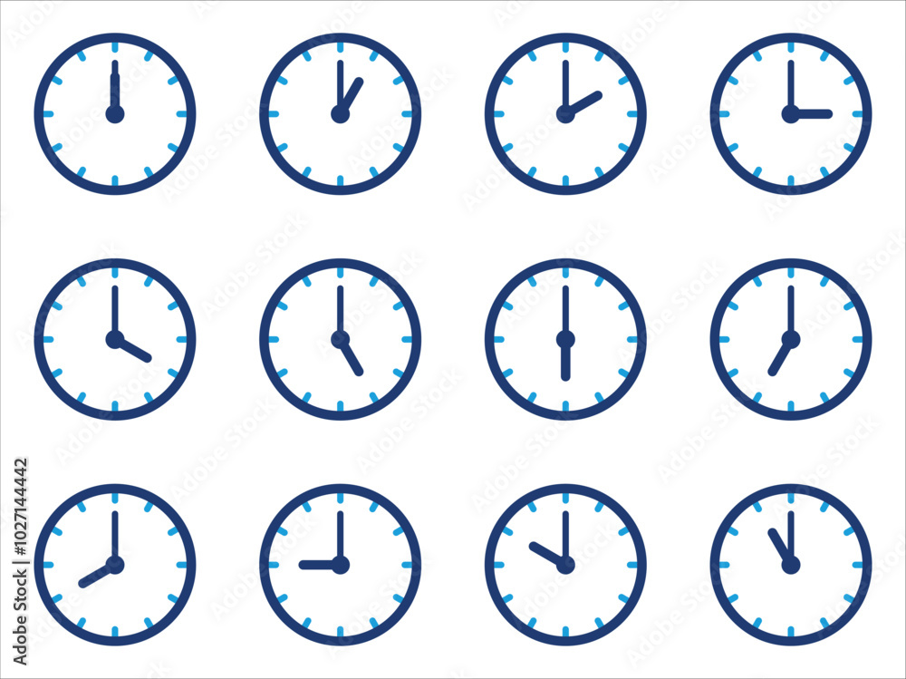 Set of clocks for every hour isolated on white background Set of clocks for every hour isolated on white background