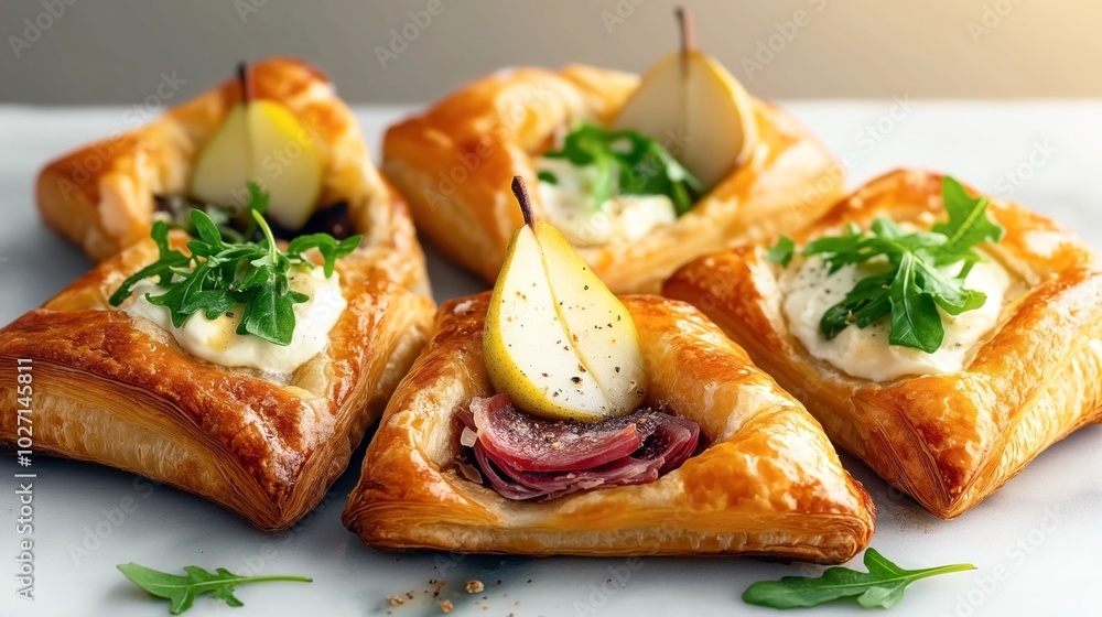 Close-up of baked puff pastries topped with creamy cheese, pear slices, prosciutto, and arugula on a light background Close-up of baked puff pastries topped with creamy cheese, pear slices, prosciutto, and arugula on a light background