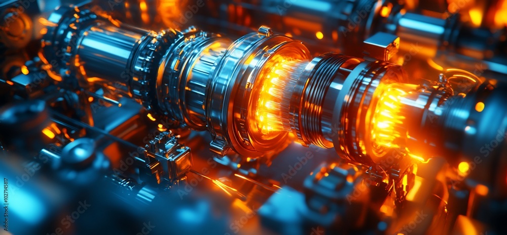 Close-up of a complex, glowing mechanical engine. Close-up of a complex, glowing mechanical engine.