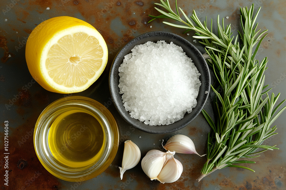 Fresh lemon, garlic cloves, salt, and rosemary sprigs arranged on a white surface. essential ingredients for Mediterranean cuisine for adding flavor and zest to a variety of dishes, from grilled Fresh lemon, garlic cloves, salt, and rosemary sprigs arranged on a white surface. essential ingredients for Mediterranean cuisine for adding flavor and zest to a variety of dishes, from grilled