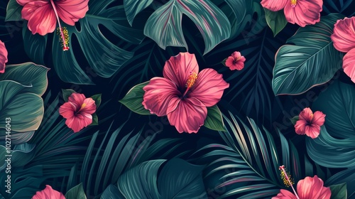 seamless pattern with hand-drawn compositions of tropical flowers