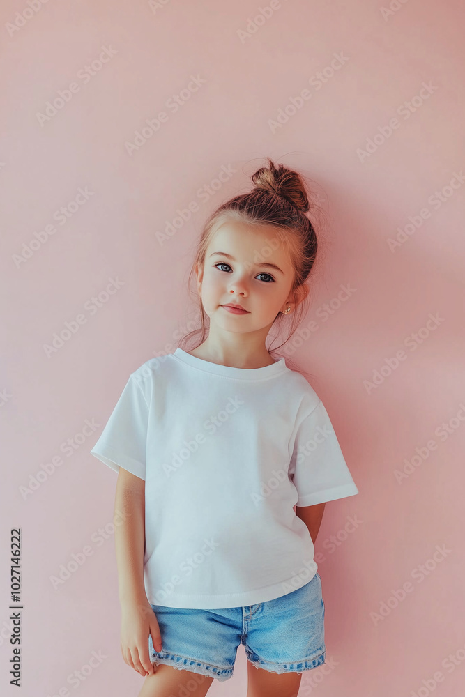 A cute little girl in a white t-shirt with space on pink wall background. t-shirt with space for text a perfect canvas for apparel mockups. A cute little girl in a white t-shirt with space on pink wall background. t-shirt with space for text a perfect canvas for apparel mockups.