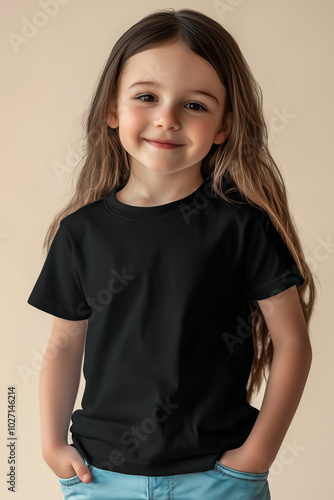 A cute little girl with wavy brown hair smiles confidently in a black t-shirt and light jeans. photo ideal for clothing mockups, children's fashion ads, and product promotions. t-shirt mockup for text