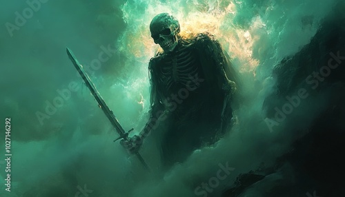 A skeletal warrior emerges from a green mist, holding a sword, in a dark and ominous scene. photo