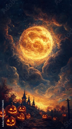 Surreal landscape with a massive skulllike moon glowing in yellow and orange hues surrounded by Van Goghstyle swirling clouds with vibrant jacko'lanterns in the foreground photo