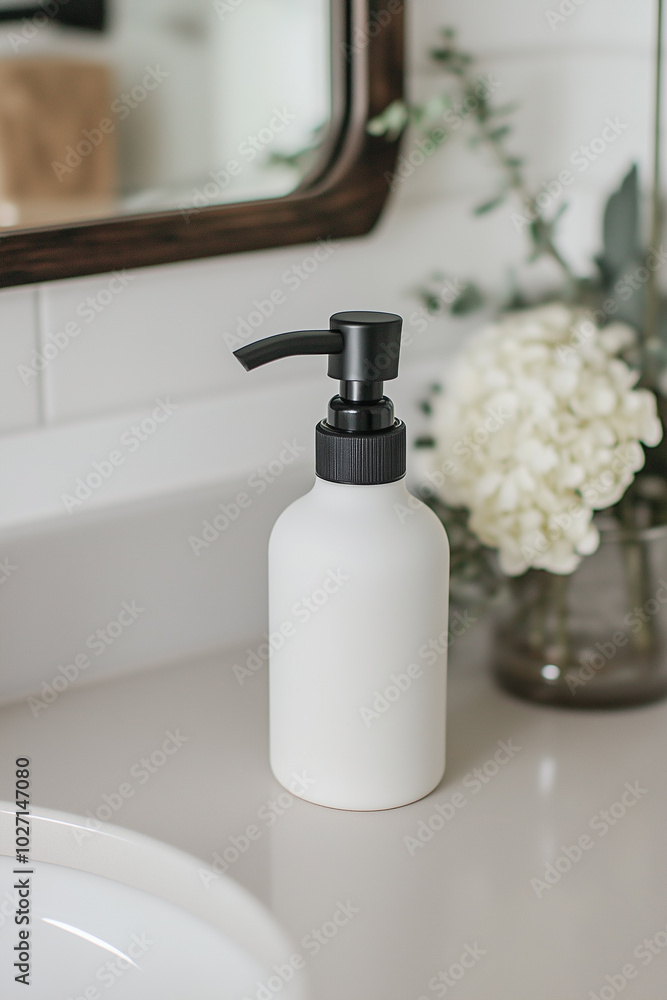 A minimalist bathroom scene featuring a white soap dispenser, a white towel, and a hint of greenery. Perfect for projects related to home decor, interior design, A minimalist bathroom scene featuring a white soap dispenser, a white towel, and a hint of greenery. Perfect for projects related to home decor, interior design,